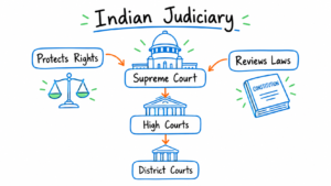 Handwritten explainer diagram of the Indian Judiciary showing the Supreme Court, High Courts and District Courts